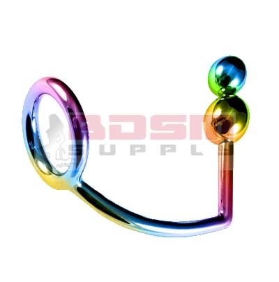 Stainless Steel with Rainbow Anodized smooth Finished heavy weight Cock Ring with attached double anal ball. The ball can be screwed of and replaced by a bigger ball or a bigger double ball which can be order separately. Rings in 4 sizes, 40, 45 , 50 and 55 mm. Sizes given are inside diameter. The standard double anal ball supplied with the cock ring is 30 and 25 mm. You can buy Separate Balls from 30mm up to 100mm Balls